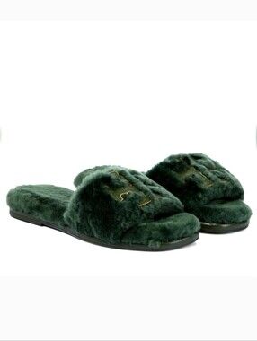 Tory Burch Dark Green Shearling Slide Sandals with Gold Logo Accent